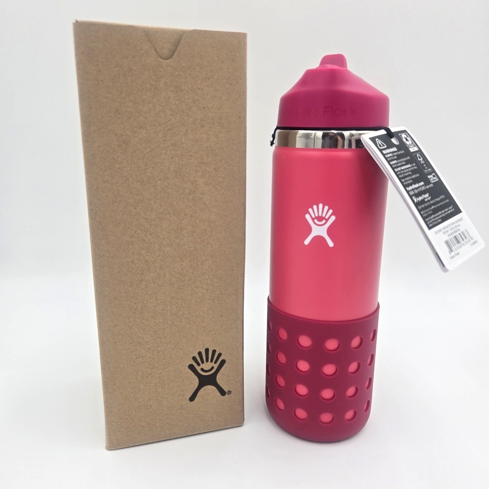 Hydro Flask Kids Wide Mouth Water Bottle 20 Oz Peony Hot Pink Straw Cap NEW boot